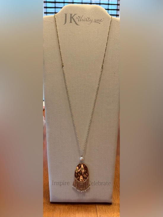 Kaari Blue Jewelry - Kaairi Blue Goldtone Hammered Pendant with Goldtone Fringe and Faux Pearl